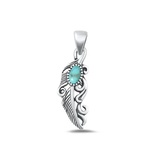 Sterling Silver Oxidized Genuine Turquoise Feather Pendant - FREE SHIPPING