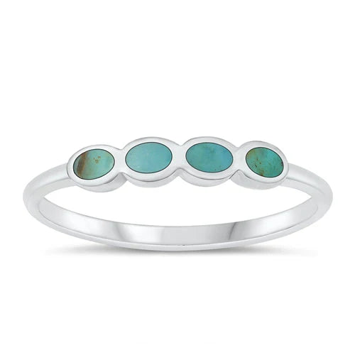 Sterling Silver Polished Four Oval Genuine Turquoise Stone Ring - FREE SHIPPING