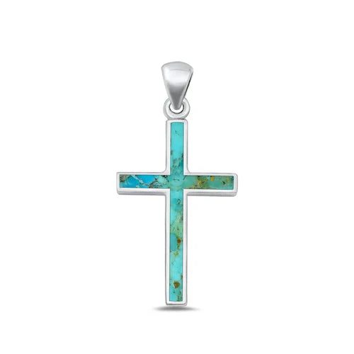 Sterling Silver Polished Genuine Turquoise Cross Pendant - FREE SHIPPING