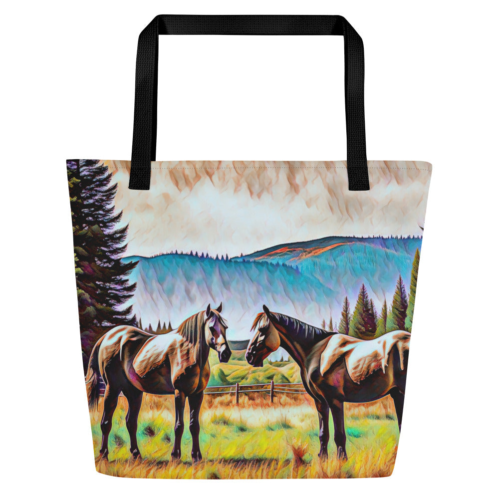 Central Oregon Horses - Digital Art - Large 16x20 Tote Bag W/Pocket