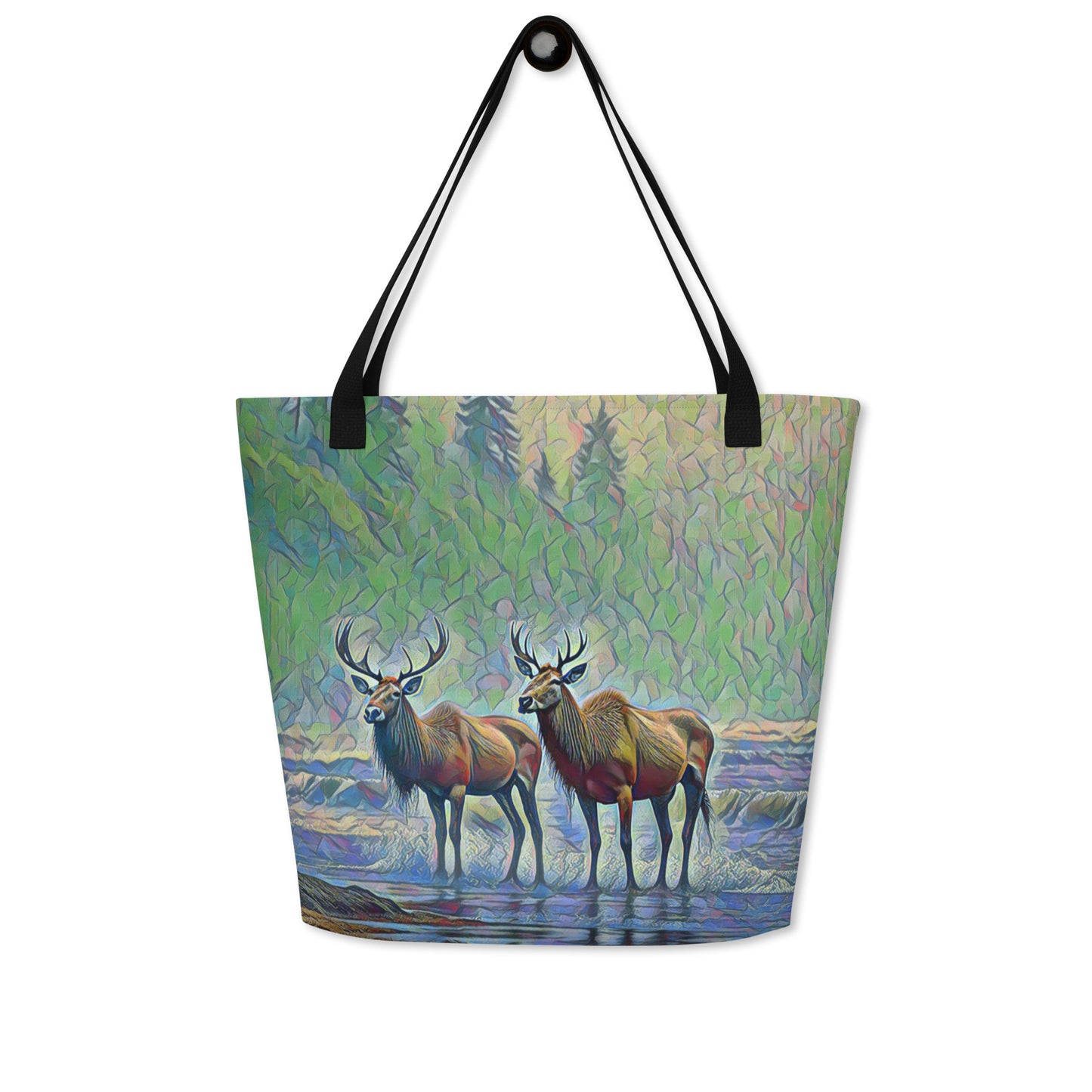 Two Elk on the Beach - Oregon - Digital Art - Large 16x20 Tote Bag W/Pocket