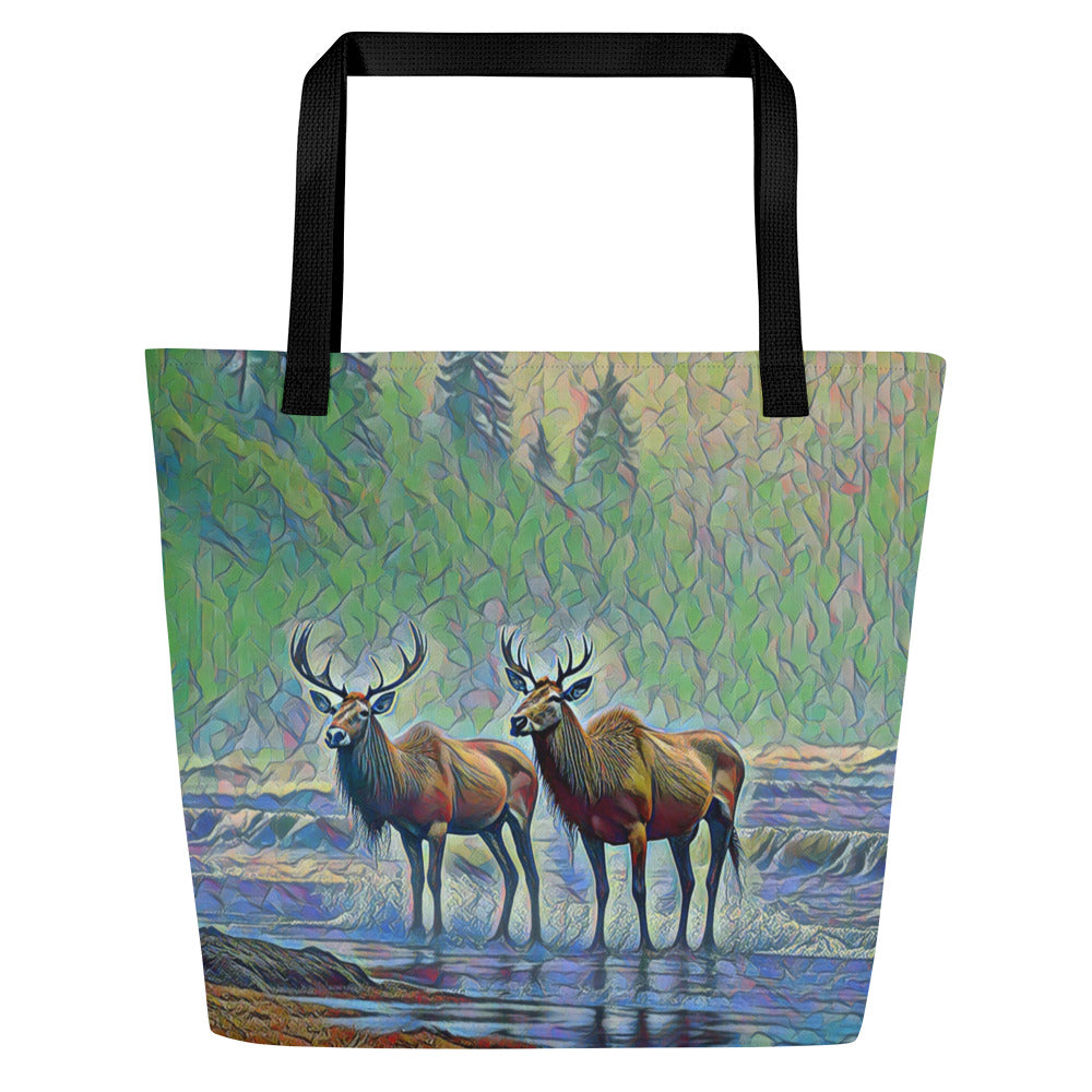 Two Elk on the Beach - Oregon - Digital Art - Large 16x20 Tote Bag W/Pocket