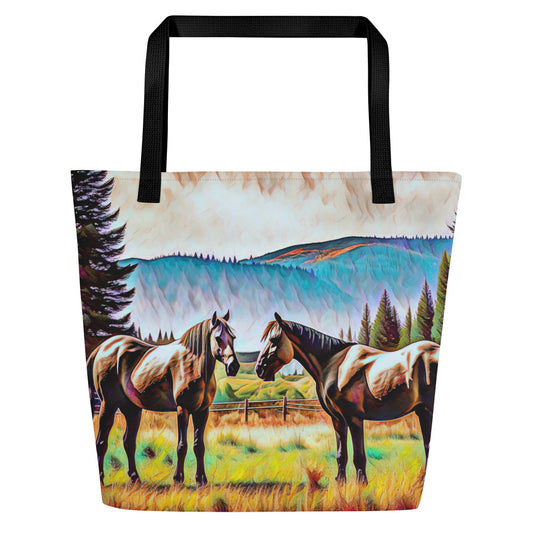 Central Oregon Horses - Digital Art - Large 16x20 Tote Bag W/Pocket