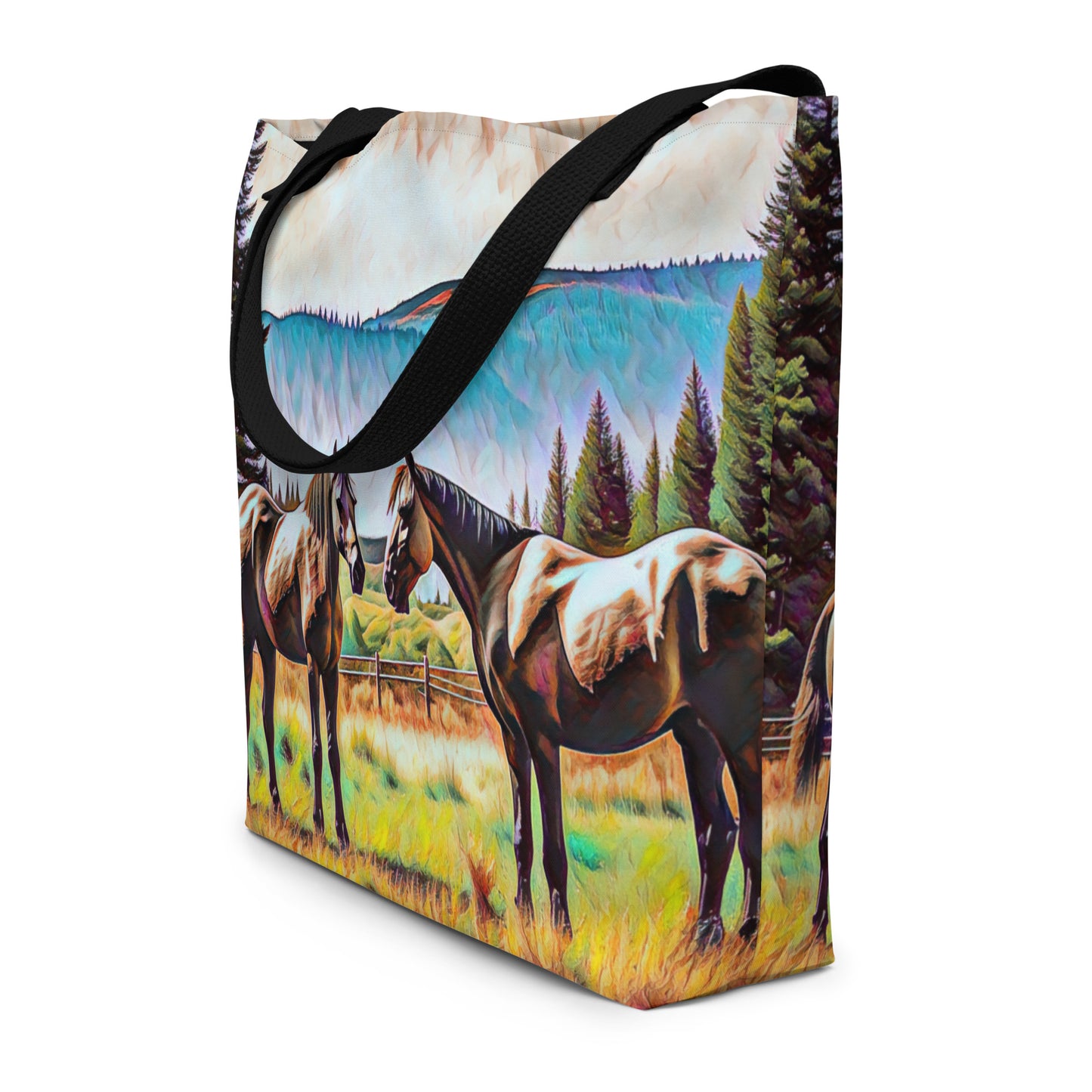 Central Oregon Horses - Digital Art - Large 16x20 Tote Bag W/Pocket