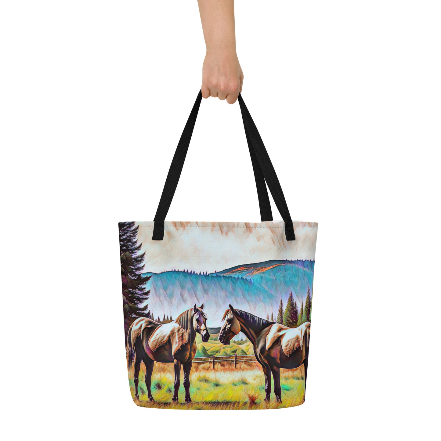 Central Oregon Horses - Digital Art - Large 16x20 Tote Bag W/Pocket