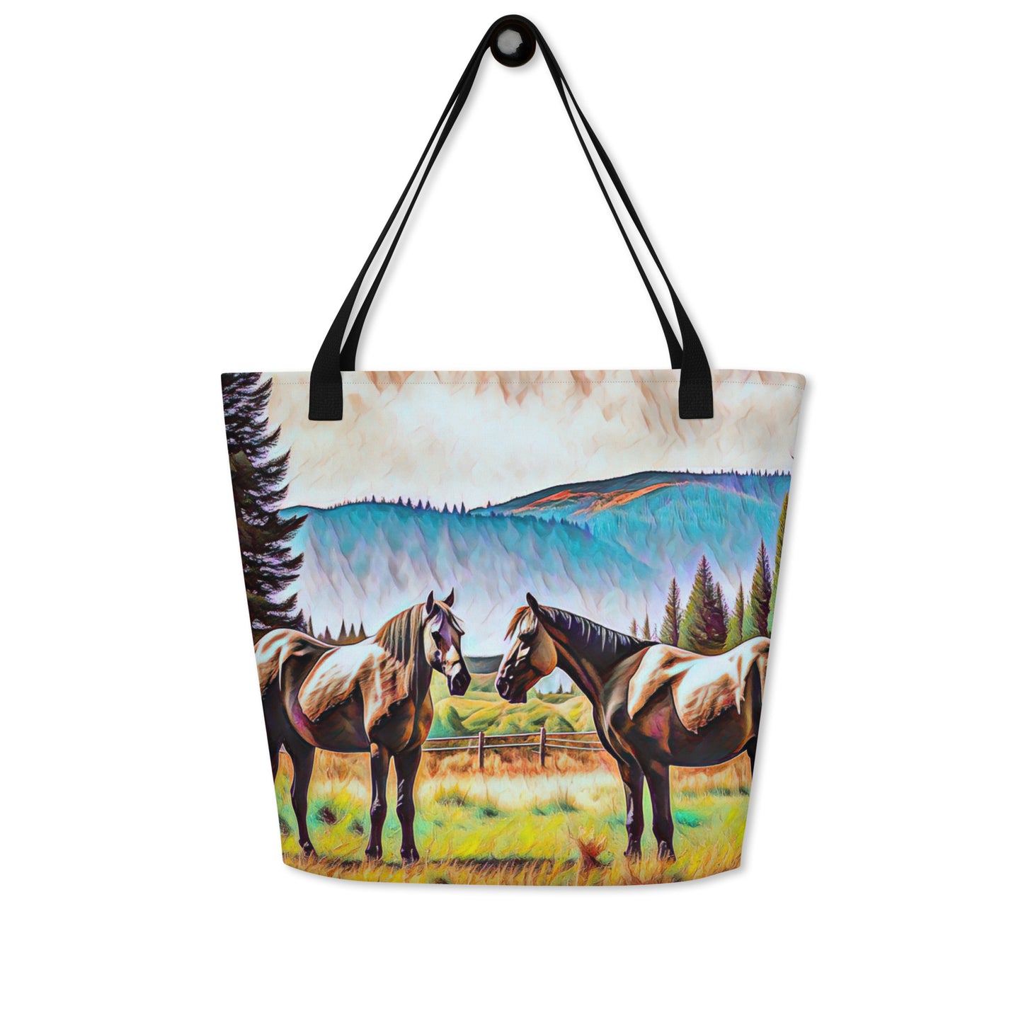 Central Oregon Horses - Digital Art - Large 16x20 Tote Bag W/Pocket