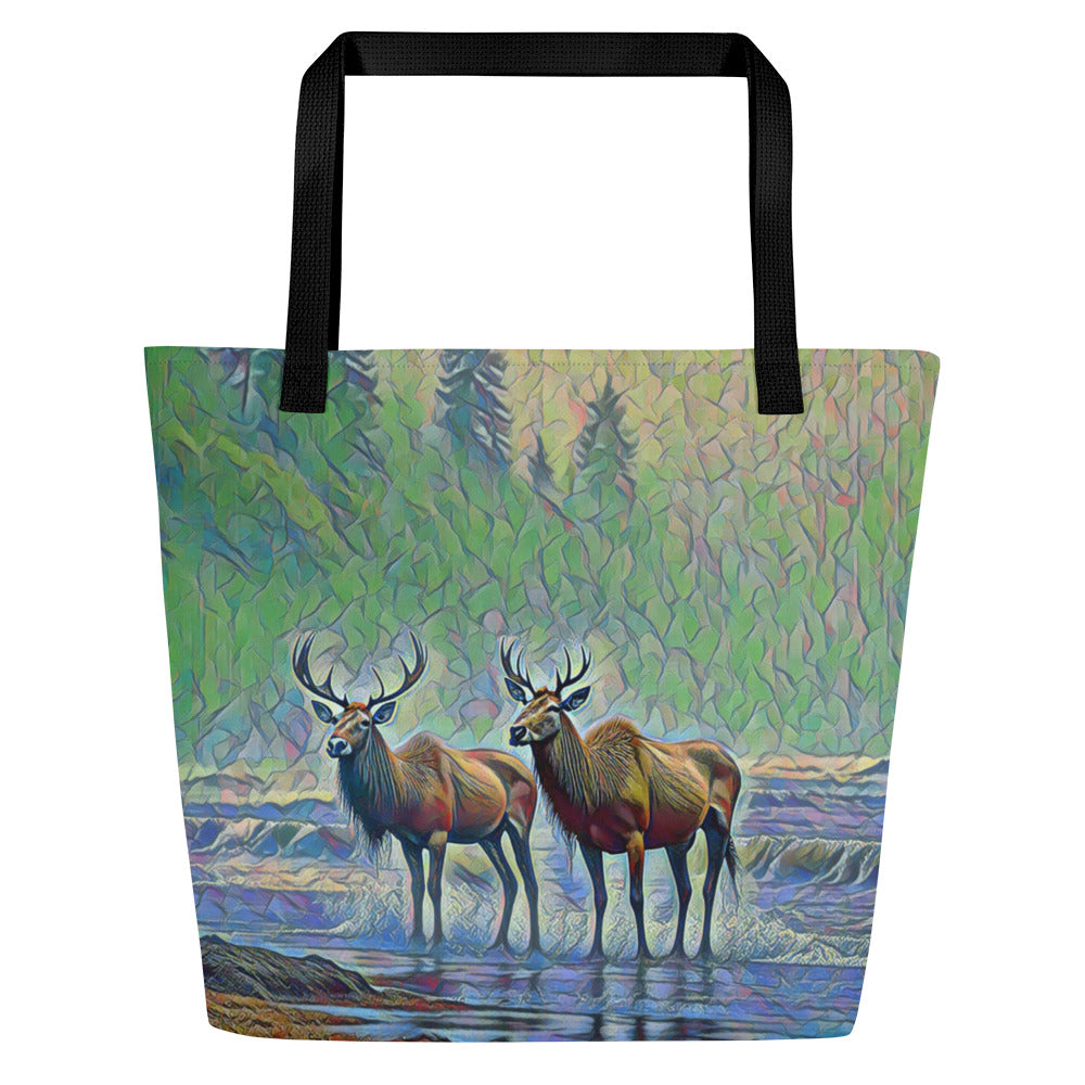 Two Elk on the Beach - Oregon - Digital Art - Large 16x20 Tote Bag W/Pocket