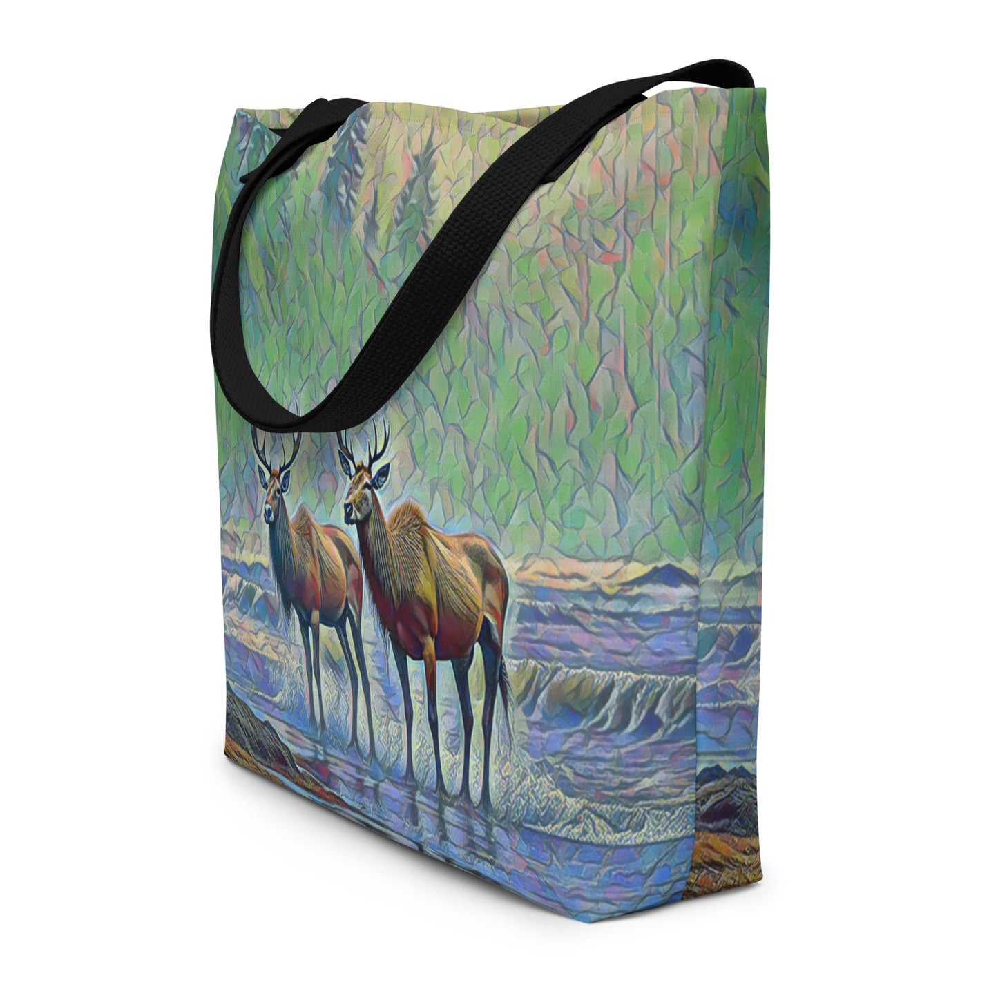 Two Elk on the Beach - Oregon - Digital Art - Large 16x20 Tote Bag W/Pocket