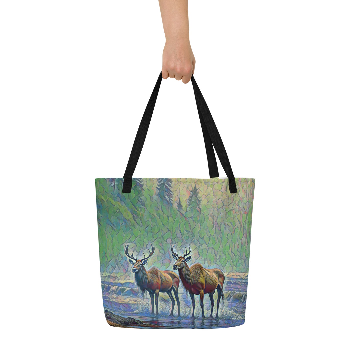 Two Elk on the Beach - Oregon - Digital Art - Large 16x20 Tote Bag W/Pocket