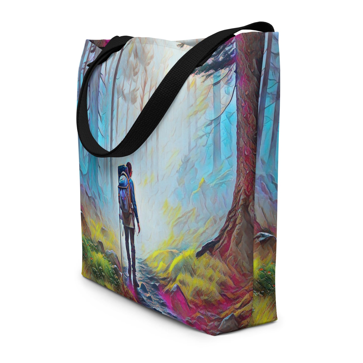 Hiking the Oregon Woods - Digital Art - Large 16x20 Tote Bag W/Pocket