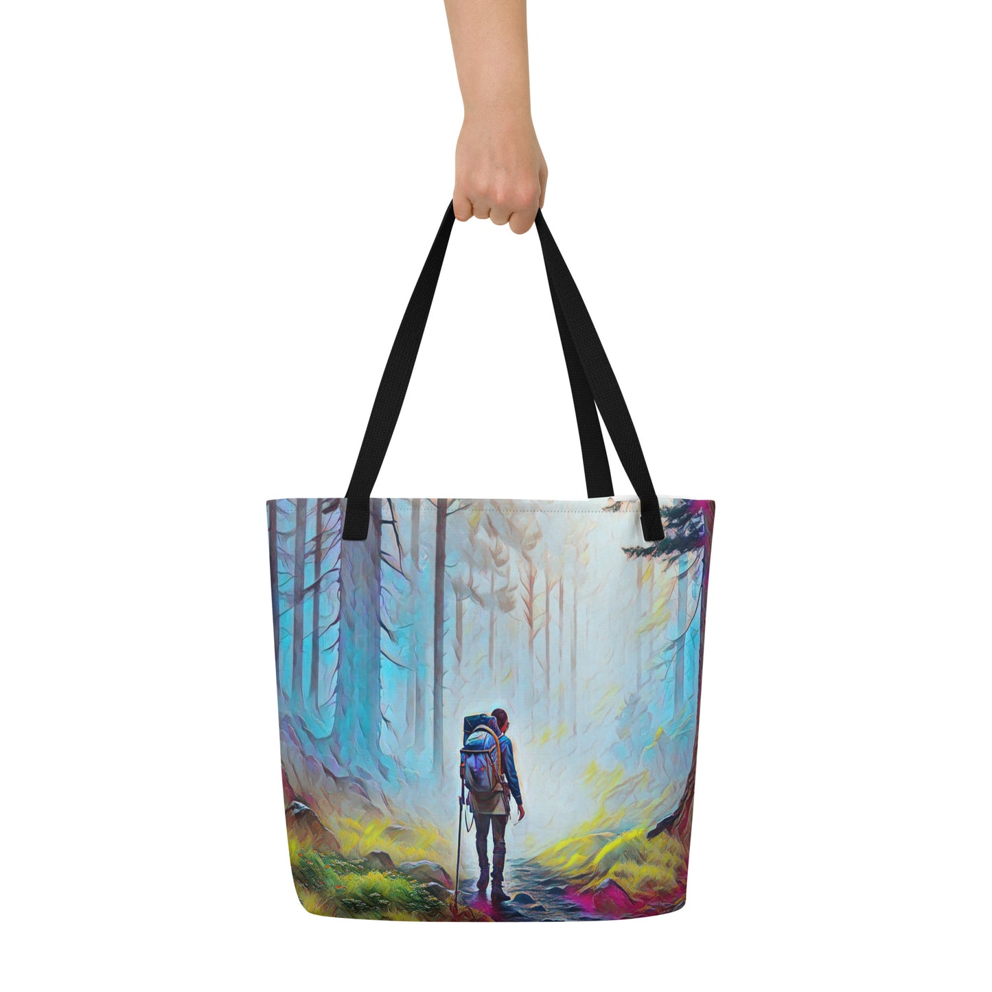 Hiking the Oregon Woods - Digital Art - Large 16x20 Tote Bag W/Pocket