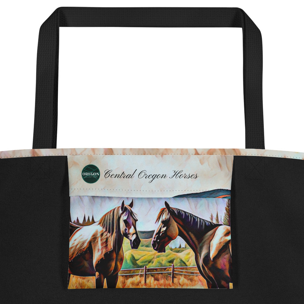 Central Oregon Horses - Digital Art - Large 16x20 Tote Bag W/Pocket