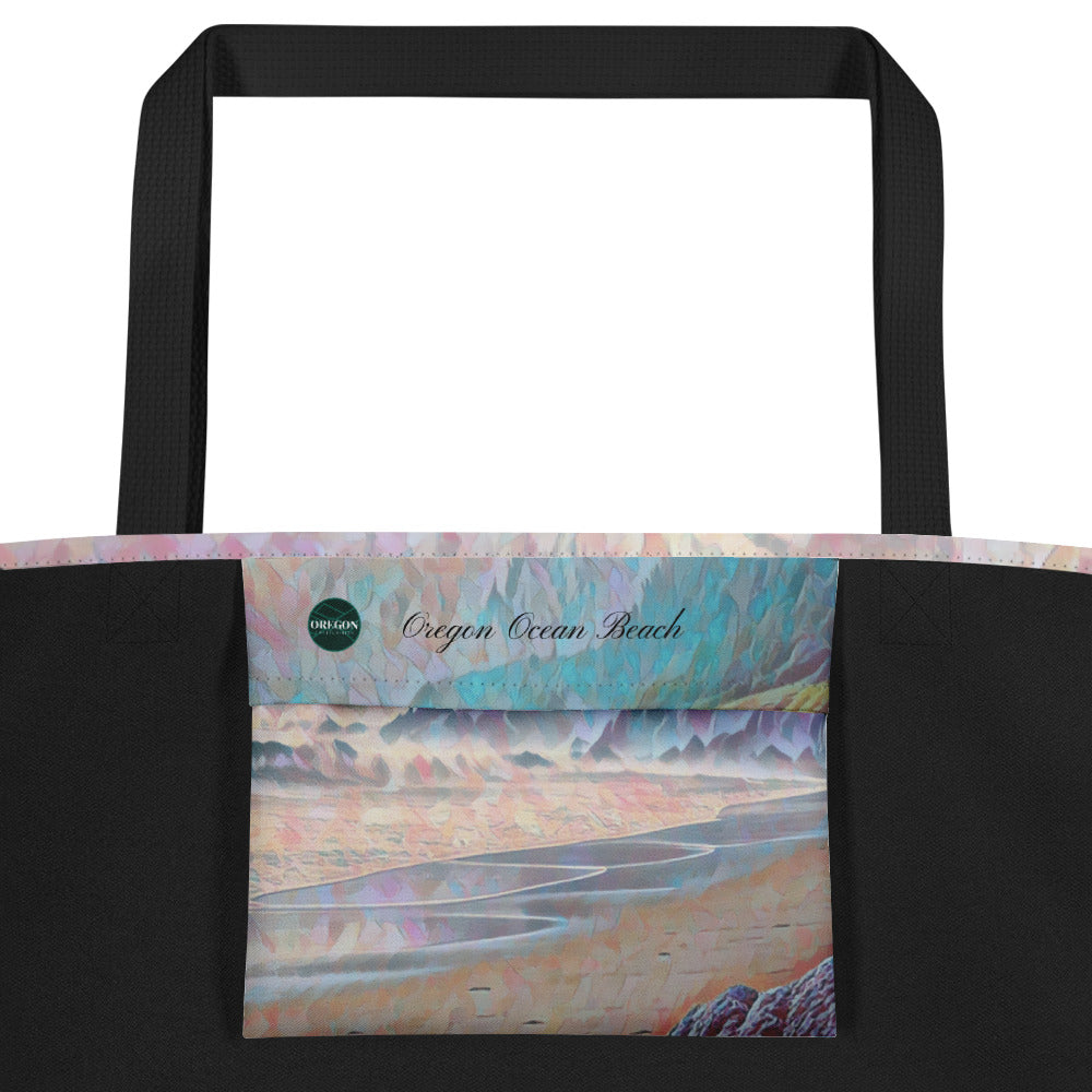 Oregon Ocean Beach - Digital Art - Large 16x20 Tote Bag W/Pocket