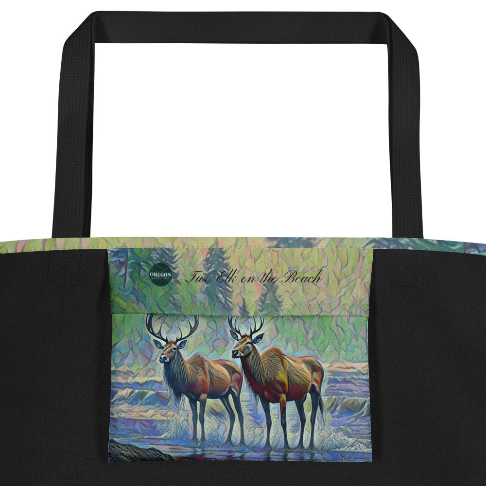 Two Elk on the Beach - Oregon - Digital Art - Large 16x20 Tote Bag W/Pocket