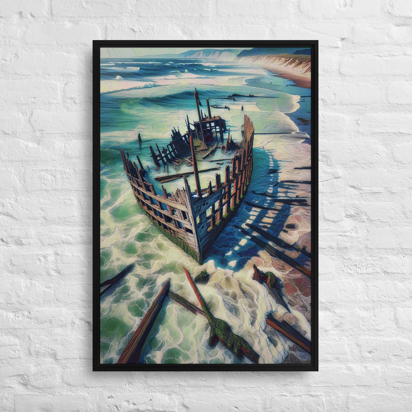 Ship Wreck on the Oregon Coast - Digital Art - Framed canvas - FREE SHIPPING